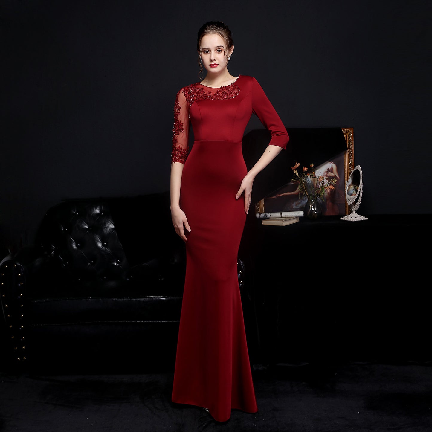 18586 #Full-craft lace ironing Popularan diamond toast dress bride long-sleeved thank you banquet fish tail evening dress