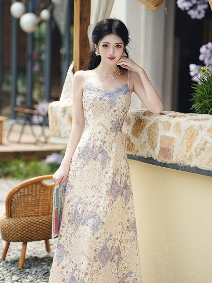 Huge good-looking  lace floral dress temperament beautiful long dress children's vacation style suspender and cardigan set