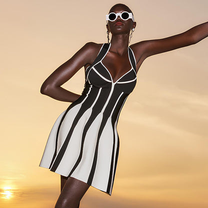 LOVEVOP Popular,  popular summer new  sweet and spicy neck halter suspender knitted striped dress bandage jacquard