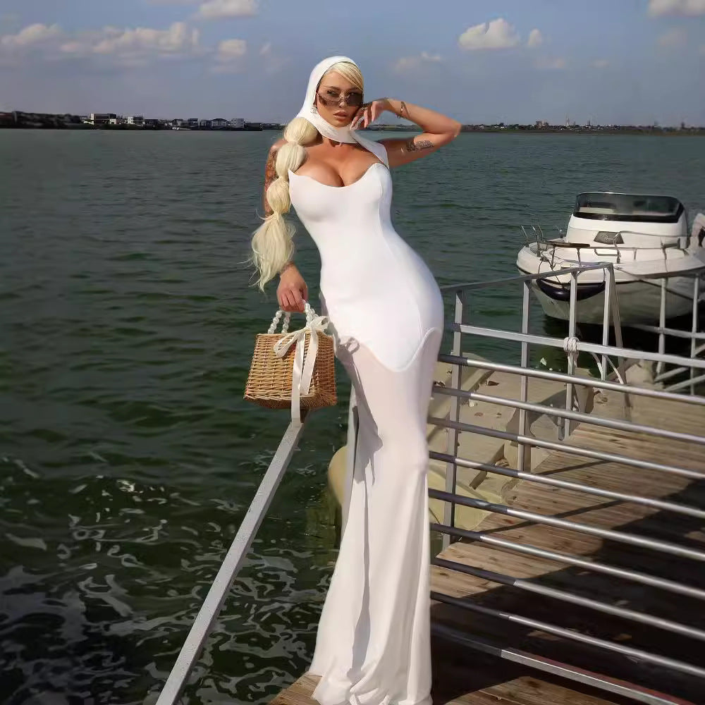 LOVEVOP popular autumn and winter new black white Popular trade bandage high elastic  mesh dress women's dress dress