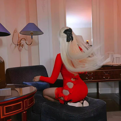 LOVEVOP Red hollow bow long-sleeved bandage dress  women's clothing new sexy New short skirt early autumn