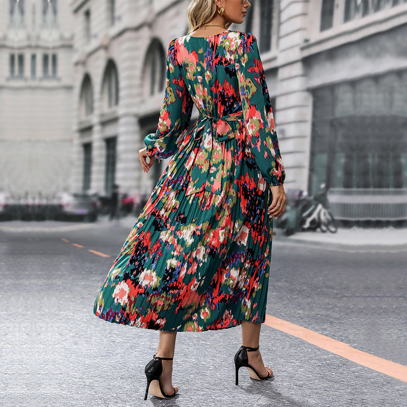 LOVEVOP independent station foreign trade pleated long dress Hot autumn new 2025 women's cross-border printing long-sleeved jumpsuit