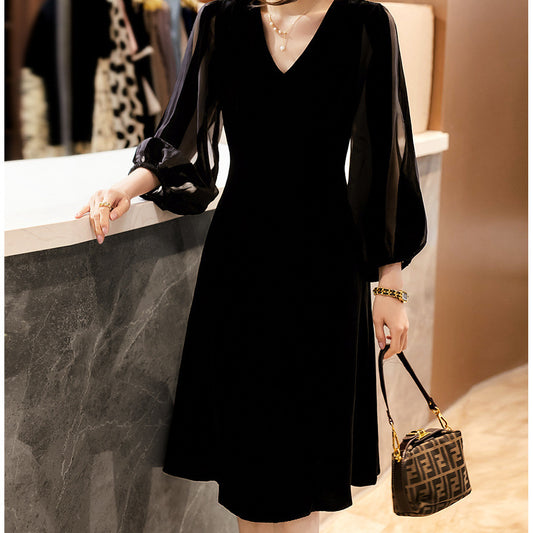 2025 Mulberry silk, velvet small black dress, silk velvet high-end dress  spring and summer new Hepburn style women's clothing