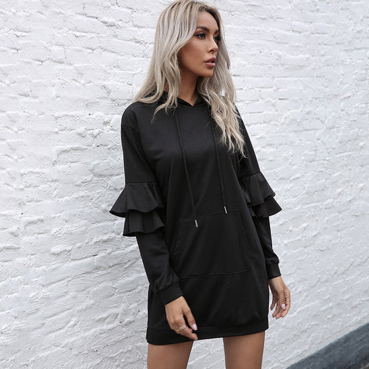 LOVEVOP popular new long-sleeved pullover hooded skirt Popular trade women's clothing  New ruffle edge splicing hooded dress