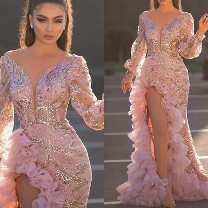 2025 autumn 2025 new New women's clothing independent station sexy mesh trailing sequins split pink evening dress