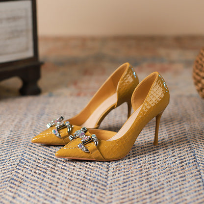 2025 966-A2 niche design texture side empty high heels rhinestone metal buckle thin heel single shoes Huidong pointed women's shoes