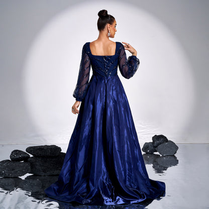 2025 high-end temperament long-sleeved square collar long sequined banquet big pendulum evening dress bridesmaid dress women