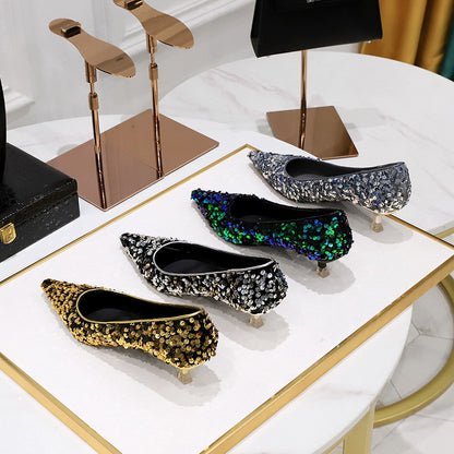 2025 237-21 Korean version of the new fashion temperament banquet sparkling sequined women's shoes mid-heel shallow mouth pointed head sparkling single shoes