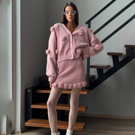 Hot trade New flower gentle temperament knitted sweater women's  niche temperament  flower skirt set