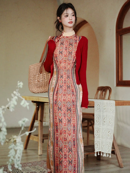 Ethnic tourism vacation new Chinese floral dress national style improved sleeveless red cheongsam women's cardigan two-piece set