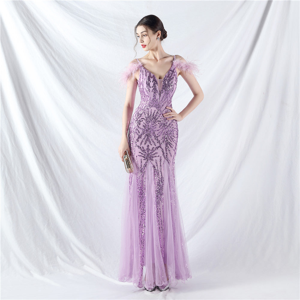 31971 #9 color craft order ostrich hair mesh beads sexy suspender dress evening dress