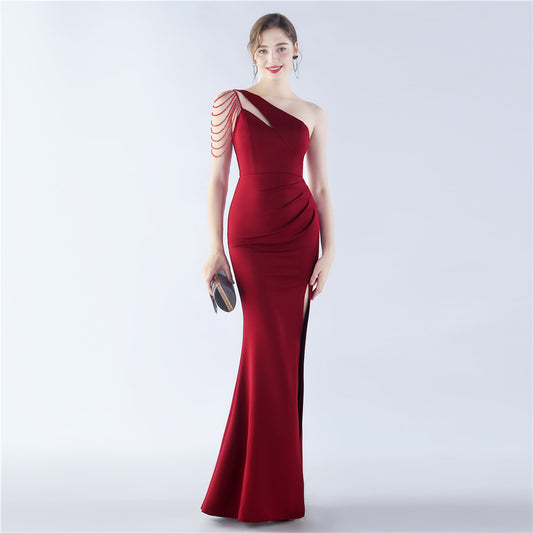 31356 #Popular trade new craft beaded satin single shoulder diagonal collar long evening dress