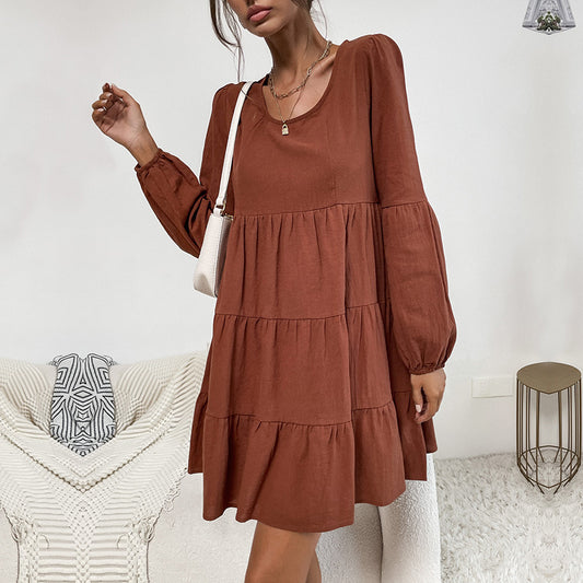 LOVEVOP New Cross-border Women's Clothing Hot New 2025 Hot Trade Cake Folded Skirt Long Sleeve Loose Cotton and Linen Dress