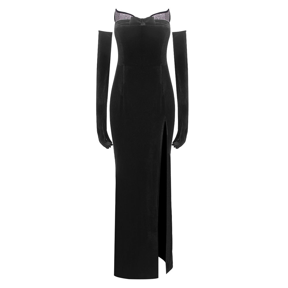 LOVEVOP summer new  women's clothing hot diamond tube top dress sexy black velvet long dress