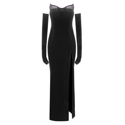 LOVEVOP summer new  women's clothing hot diamond tube top dress sexy black velvet long dress