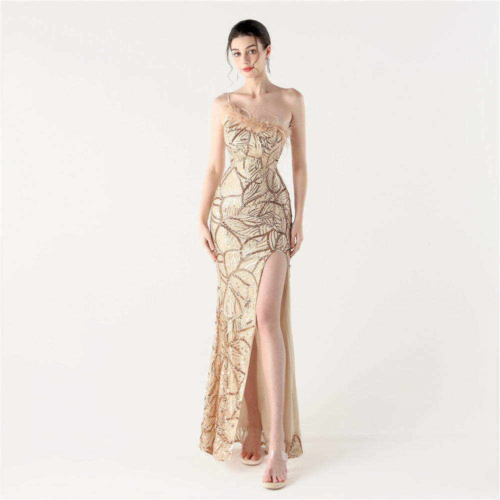 33328 #2025 new sequined evening dress heavy industry stapled beads oblique collar shoulder high split evening dress