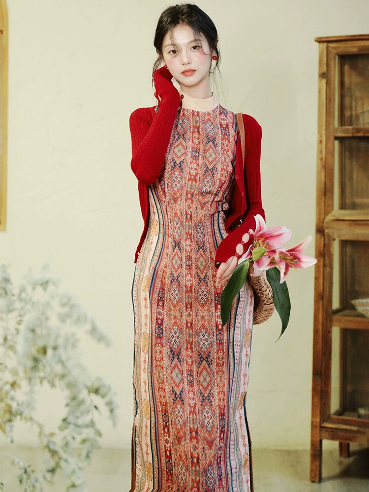 Ethnic tourism vacation new Chinese floral dress national style improved sleeveless red cheongsam women's cardigan two-piece set