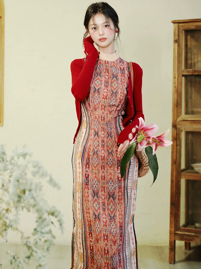 Ethnic tourism vacation new Chinese floral dress national style improved sleeveless red cheongsam women's cardigan two-piece set
