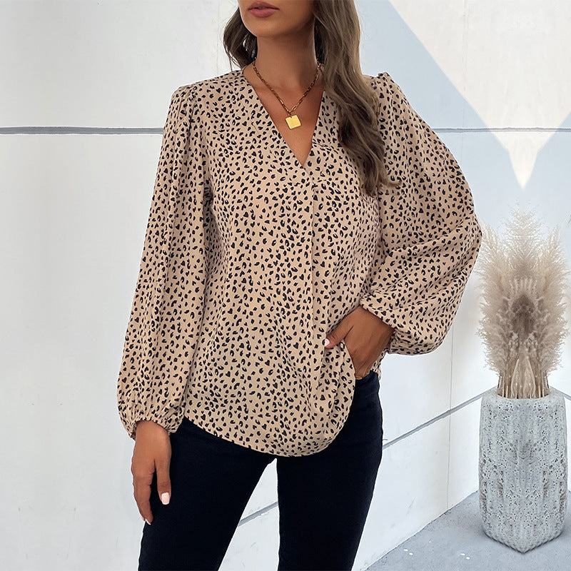 LOVEVOP Cross-border  popular spring and summer Popular trade 2025 commuter tops long-sleeved V-neck leopard print design shirts women