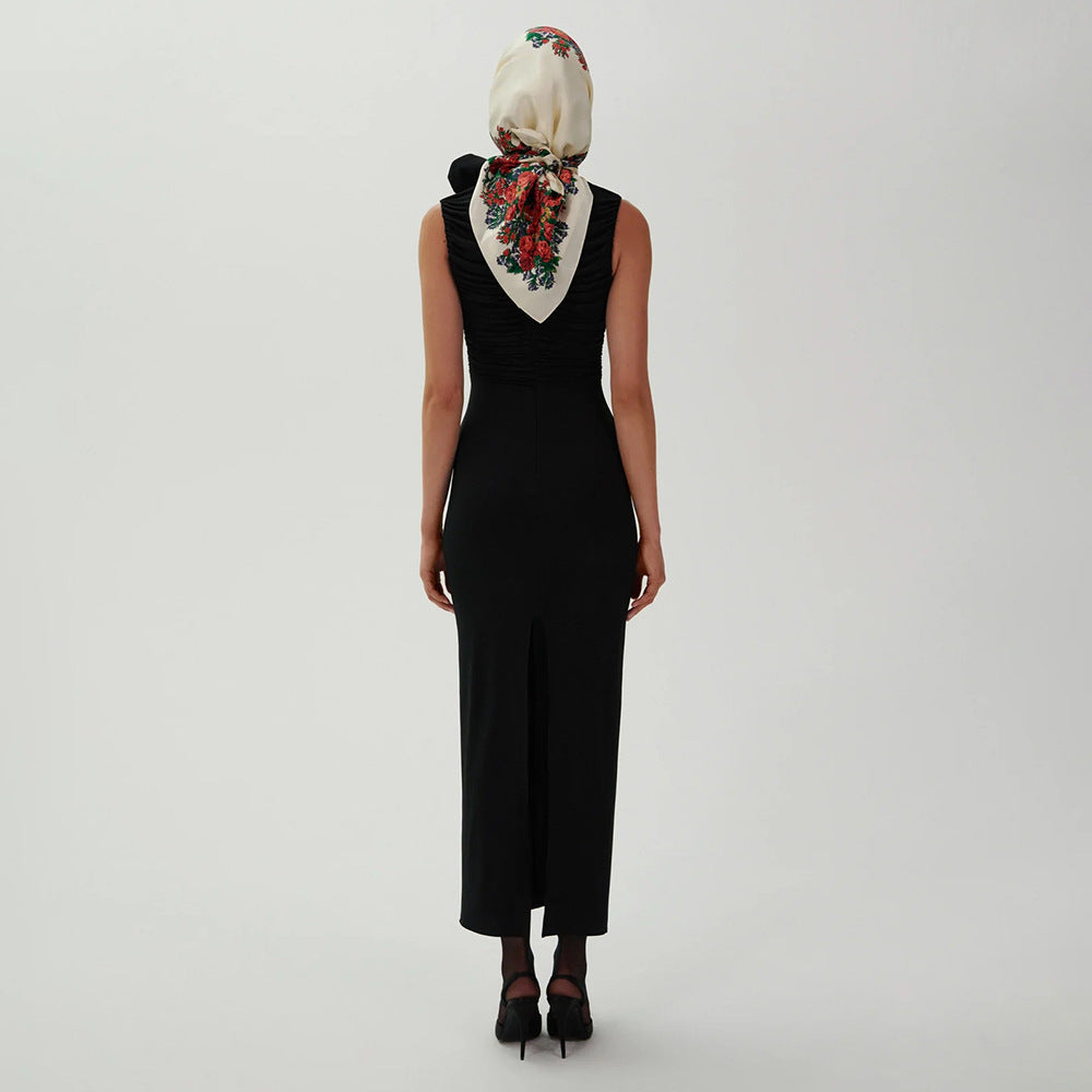 LOVEVOP popular new long dress sleeveless pleated three-dimensional flower design sense hip white temperament  women's dress