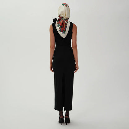 LOVEVOP popular new long dress sleeveless pleated three-dimensional flower design sense hip white temperament  women's dress