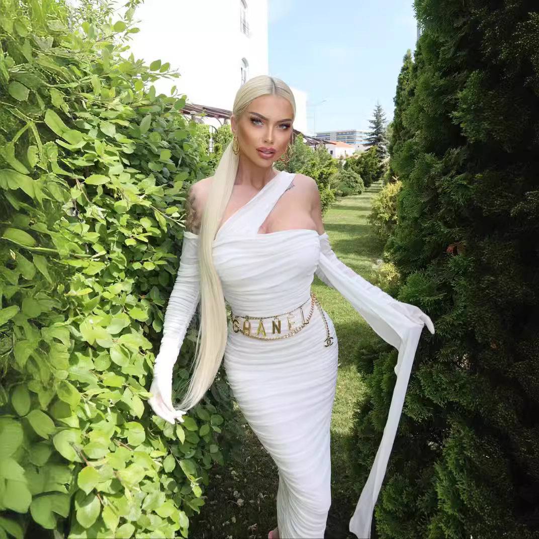 LOVEVOP Summer new slim-fitting white gloves mesh streamer dress  women's clothing neck dress vacation style skirt