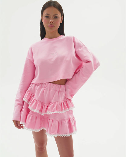 Thin knitted suit women's loose waist skirt lace lazy wind stack mini skirt spring and summer breathable two-piece set