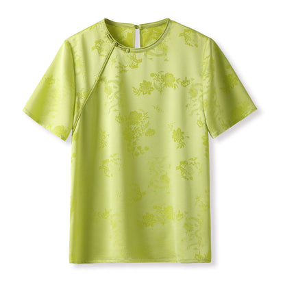 Summer new flower jacquard mulberry silk short-sleeved solid color light luxury simple design temperament T-shirt top M4006