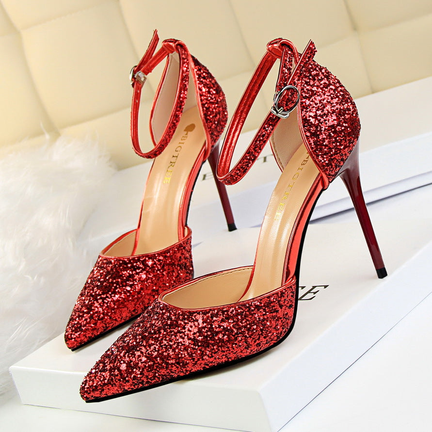 2025 283-A1  sexy nightclub women's shoes high heel shallow mouth pointed metal thin heel with sequined hollow sandals