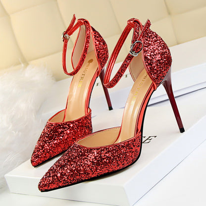2025 283-A1  sexy nightclub women's shoes high heel shallow mouth pointed metal thin heel with sequined hollow sandals
