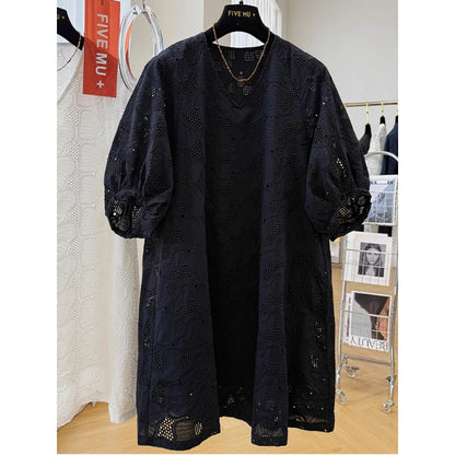 3604 Hollow lace lantern short-sleeved Korean V-neck dress for women's summer super good-looking unique and beautiful skirt