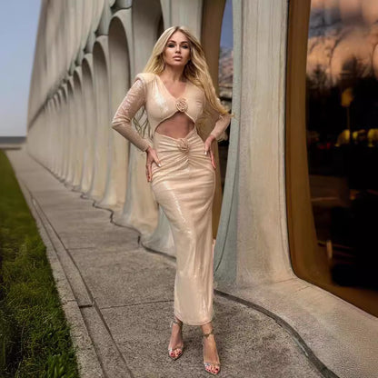 LOVEVOP New popular  women's clothing long-sleeved three-dimensional flower apricot bead long dress elastic skirt early autumn dress