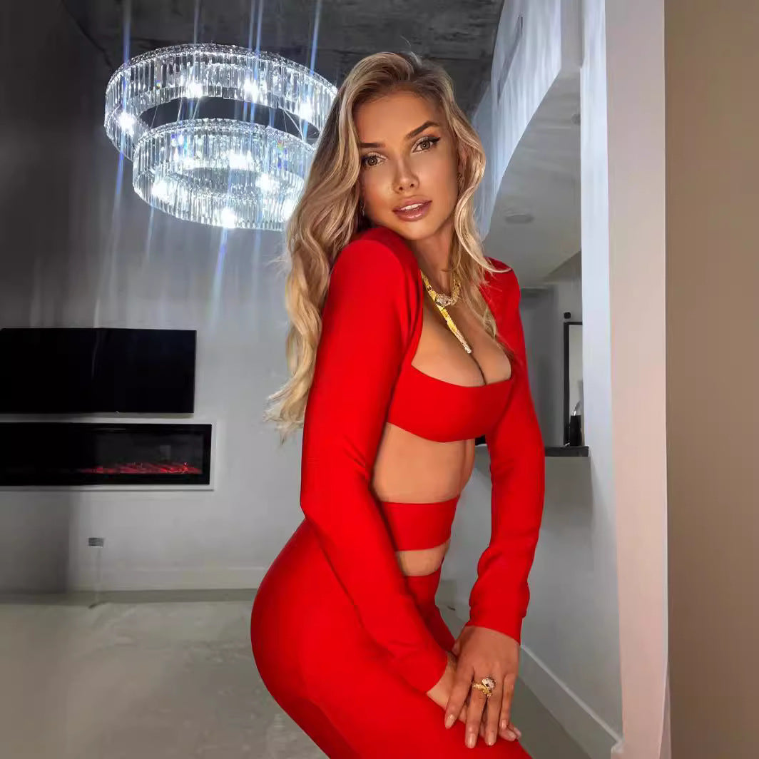 LOVEVOP Premium suit New two-piece set, black red long-sleeved top, elastic bandage long dress,  women's clothing, autumn and winter