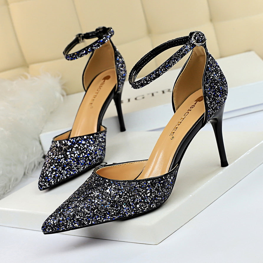 2025 283-A1  sexy nightclub women's shoes high heel shallow mouth pointed metal thin heel with sequined hollow sandals