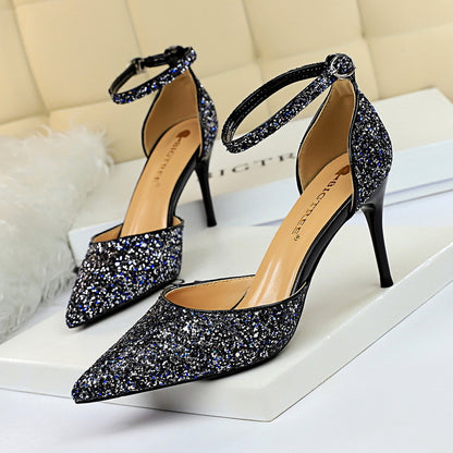 2025 283-A1  sexy nightclub women's shoes high heel shallow mouth pointed metal thin heel with sequined hollow sandals