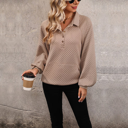 LOVEVOP Women's  Hot Autumn Long Sleeve Waffle Lapel Top Button Up V Tie Pocket Women's Clothing