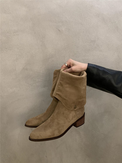 2025  Frosted suede two-wear stacking boots, new outdoor western cowboy boots V-mouth long knight boots in autumn and winter popular