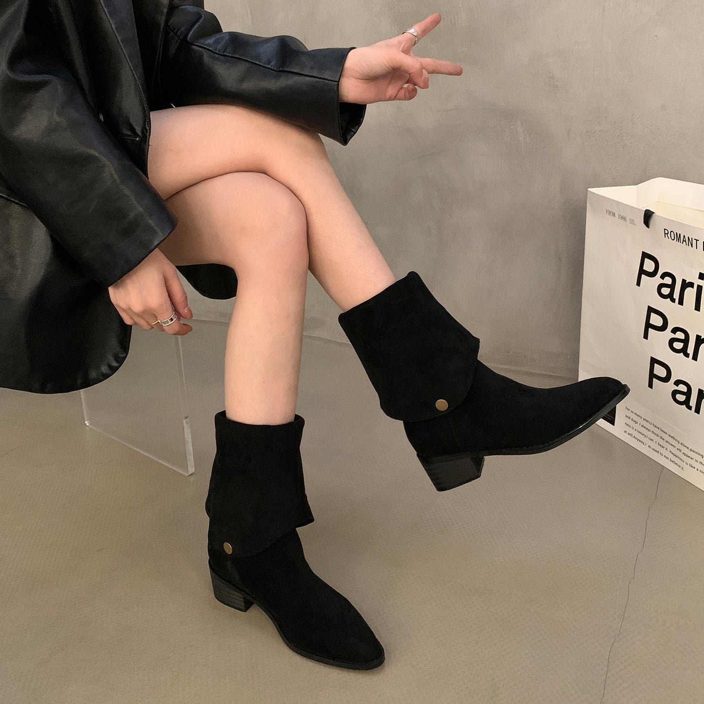 2025  Frosted suede two-wear stacking boots, new outdoor western cowboy boots V-mouth long knight boots in autumn and winter popular