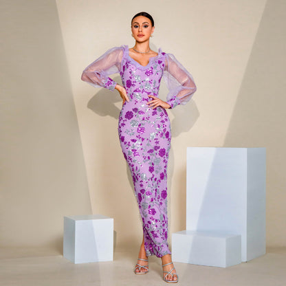 2025 long-sleeved temperament V-neck sexy hollow long sequined banquet evening dress bridesmaid dress women