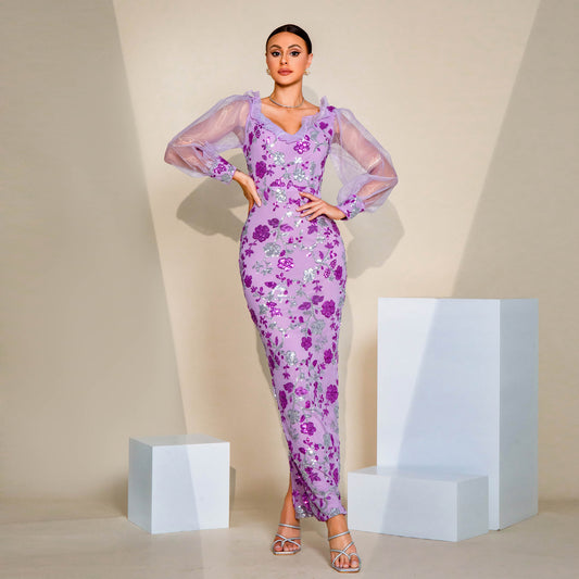 2025 long-sleeved temperament V-neck sexy hollow long sequined banquet evening dress bridesmaid dress women