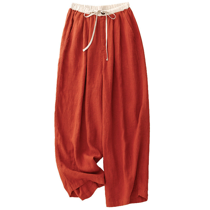 spring and summer high waist loose drape long straight pants cotton and linen versatile pants elastic pants belt drawstring