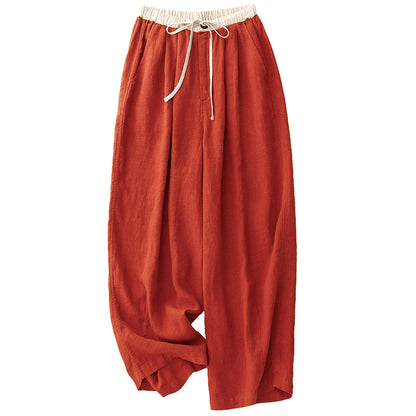 spring and summer high waist loose drape long straight pants cotton and linen versatile pants elastic pants belt drawstring