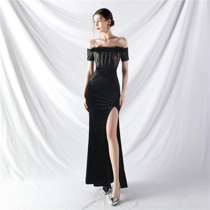31950 #Popular trade new craftsmanship order ostrich wool velvet one-word collar evening dress