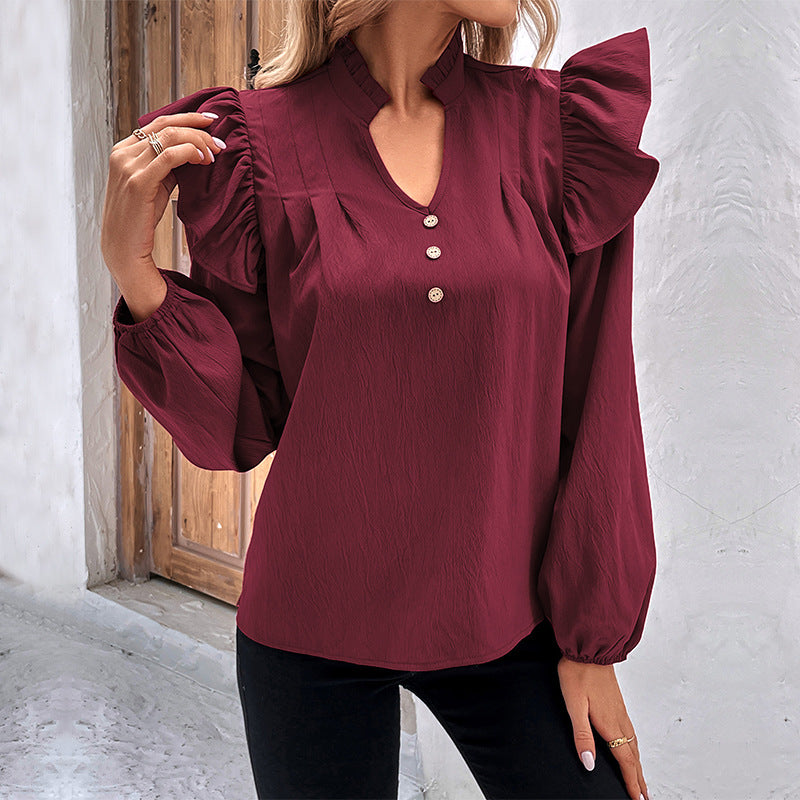 LOVEVOP New Cross-border 2025 commuter women's clothing Hot early autumn new ruffle edge long-sleeved design shirt