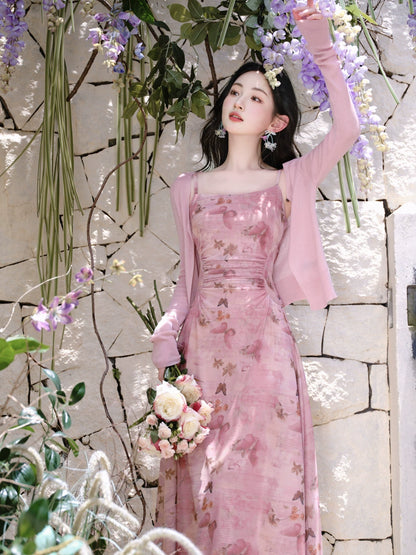 Summer wear beautiful small skirt pink floral suspender dress women's seaside vacation sunscreen cardigan two-piece set