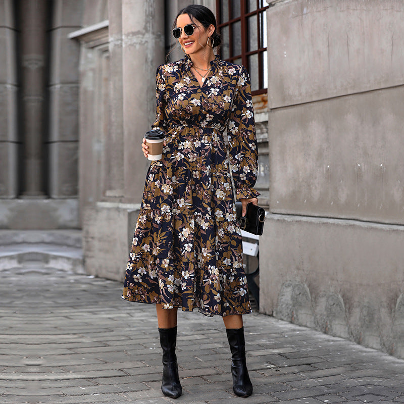 LOVEVOP 2025 cross-border Hot autumn floral temperament commuter dress retro printed women's dress V-neck fashion dress