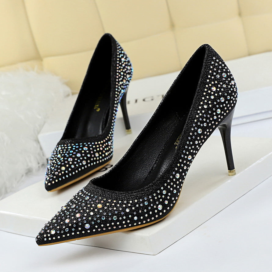 2025 9219-A22 Korean version of fashion wedding shoes, high heels, stiletto heels, shallow mouth, pointed head, sexy banquet rhinestone shoes