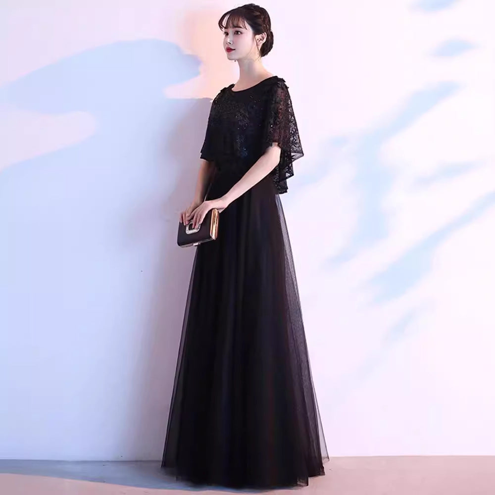 2025 Long evening dress skirt women's large size high-end banquet adult temperament black high-end feeling thin 100kg fat mm belly cover