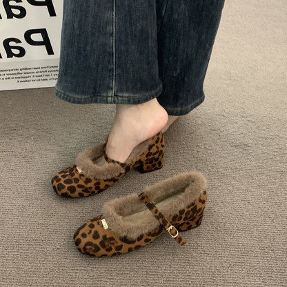 2025  high-end fashionable outer wear leopard print single shoes women's shoes popular autumn and winter thick heel velvet small fragrant style grandma cotton shoes