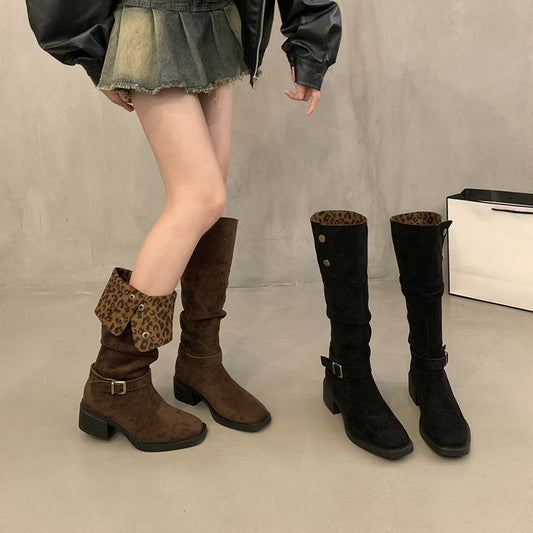 2025  popular autumn and winter new retro leopard print flip two wear boots female thick heel tall knight pile western boots